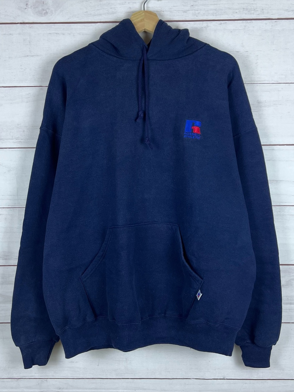 Vintage 90s Russell Athletic Faded Navy Blue Hoodie Embroidered Logo Mens XXL
